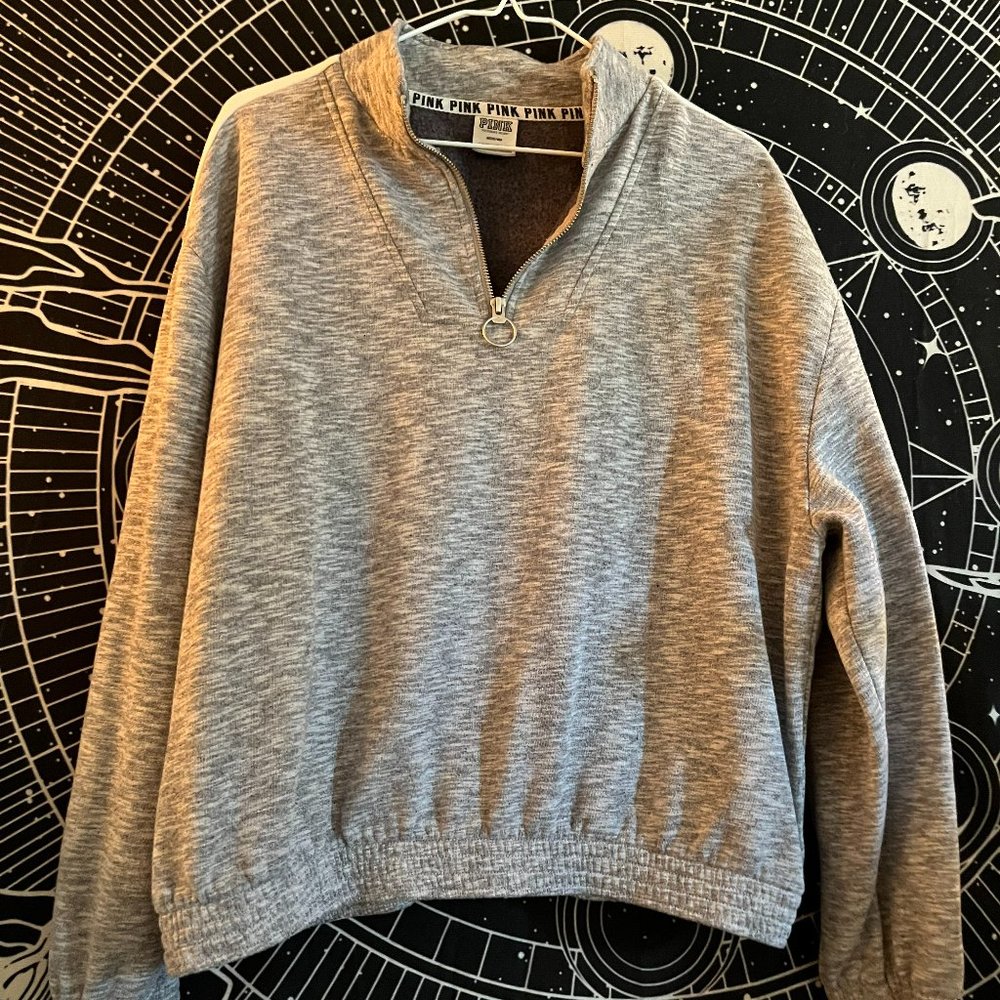 Grey Pink Half Zip Sweater - PINK